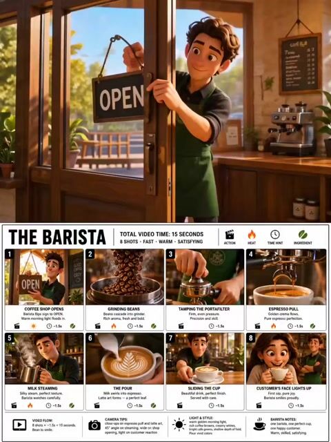 Pixar Barista Coffee Sequence — Seedance 2.0 video prompt example
