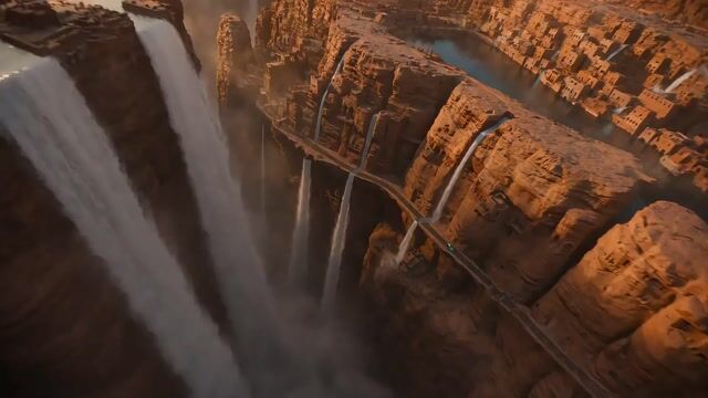 Reversed Waterfall Cliff City Chase — Seedance 2.0 video prompt example