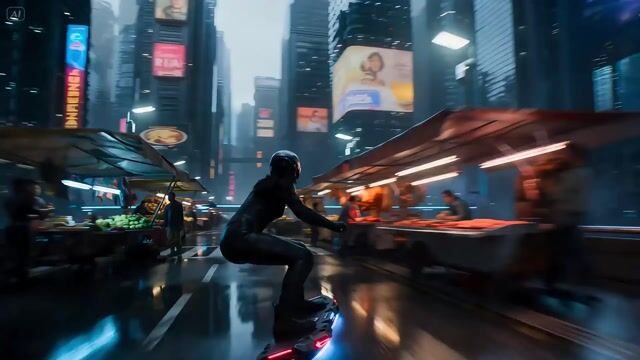 Rogue Data Courier On A Hoverboard In A Cyberpunk Megacity — Seedance 2.0 video prompt example
