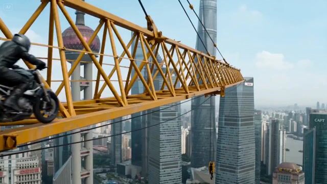 Shanghai Crane Motorcycle Stunt Jump — Seedance 2.0 video prompt example