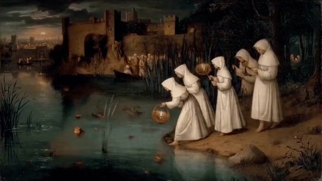 Women Placing Glowing Lanterns On Water In Hieronymus Bosch Style — Seedance 2.0 video prompt example